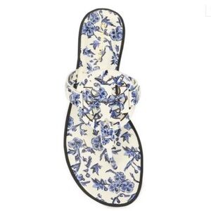 Tory Burch Sz 9.5 Miller Welt Leather Blue Branches Floral Sandals Flip Flops